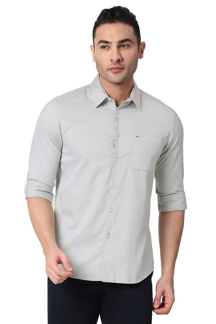BASICS SLIM FIT BELGIAN GREY COTTON DOBBY SHIRT