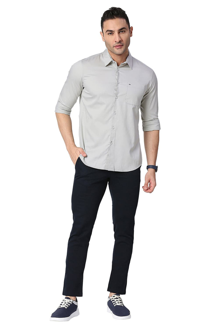 BASICS SLIM FIT BELGIAN GREY COTTON DOBBY SHIRT