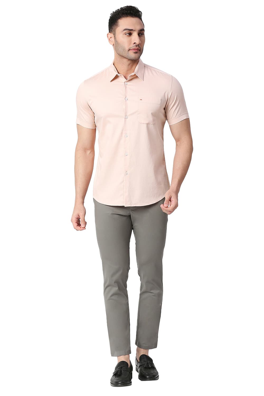 BASICS SLIM FIT COTTON DOBBY HALFSLEEVES SHIRT