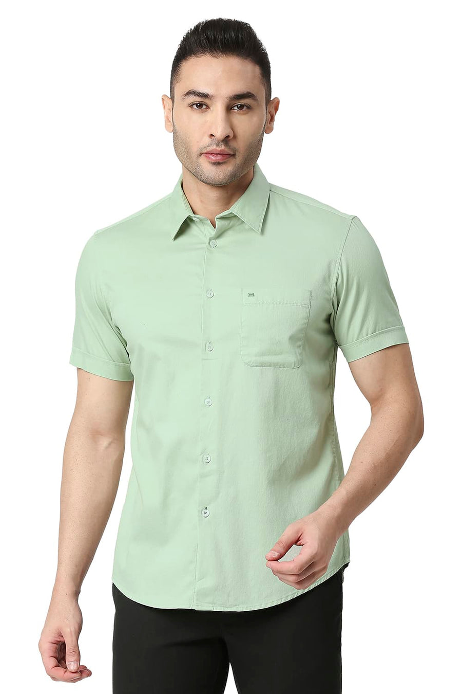 BASICS SLIM FIT LAUREL GREEN COTTON DOBBY SHIRT
