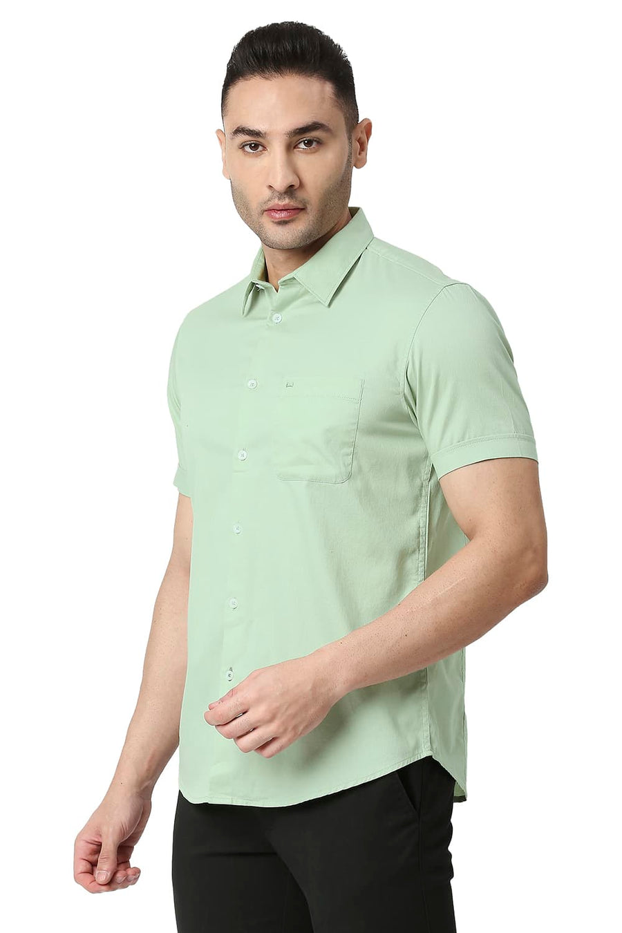 BASICS SLIM FIT LAUREL GREEN COTTON DOBBY SHIRT