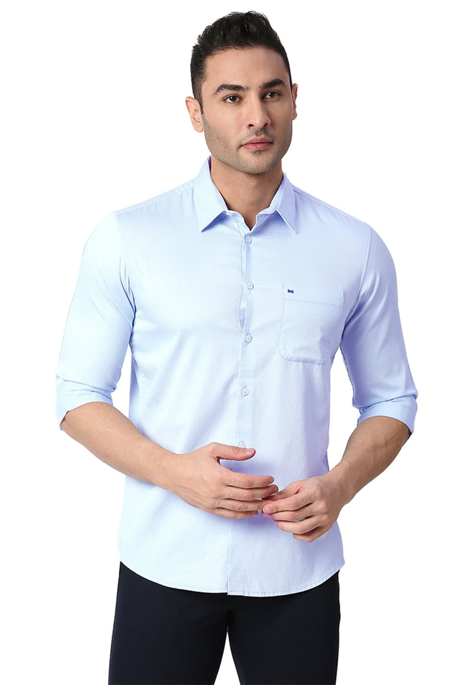 BASICS SLIM FIT ILLUSION BLUE COTTON DOBBY SHIRT