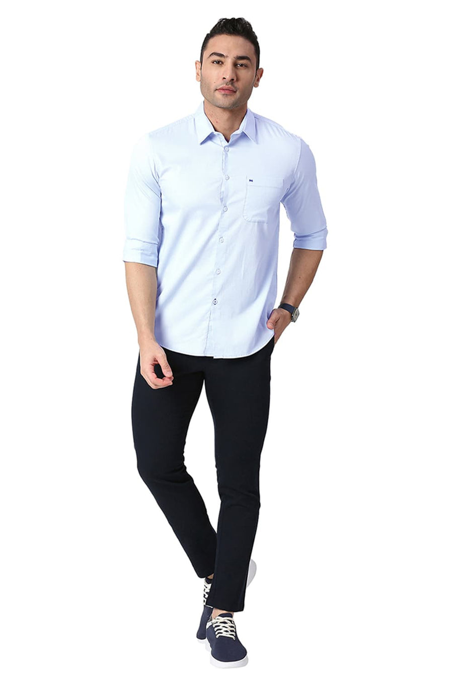 BASICS SLIM FIT ILLUSION BLUE COTTON DOBBY SHIRT