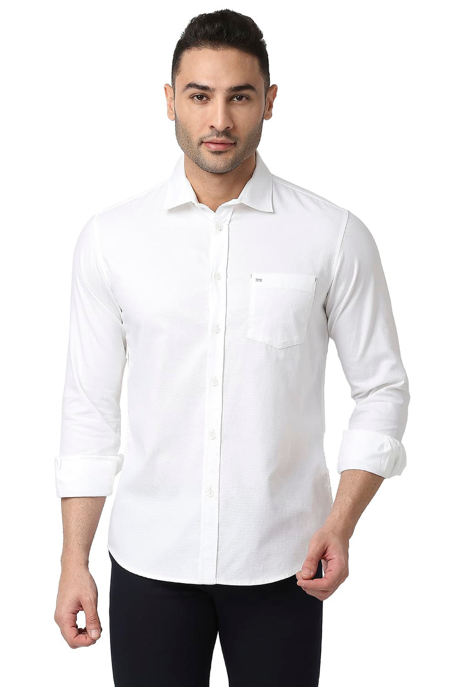 BASICS SLIM FIT BRIGHT WHITE COTTON DOBBY SHIRT