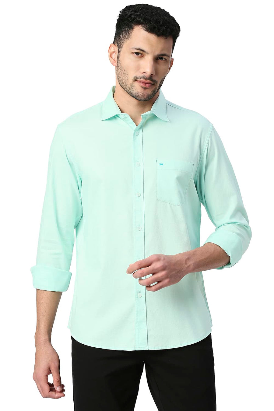 BASICS SLIM FIT BROOK GREEN COTTON DOBBY SHIRT