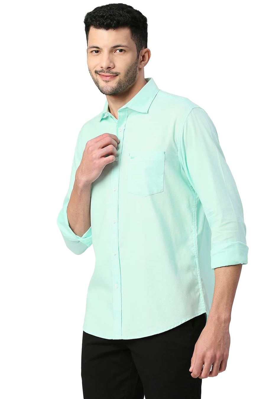 BASICS SLIM FIT BROOK GREEN COTTON DOBBY SHIRT