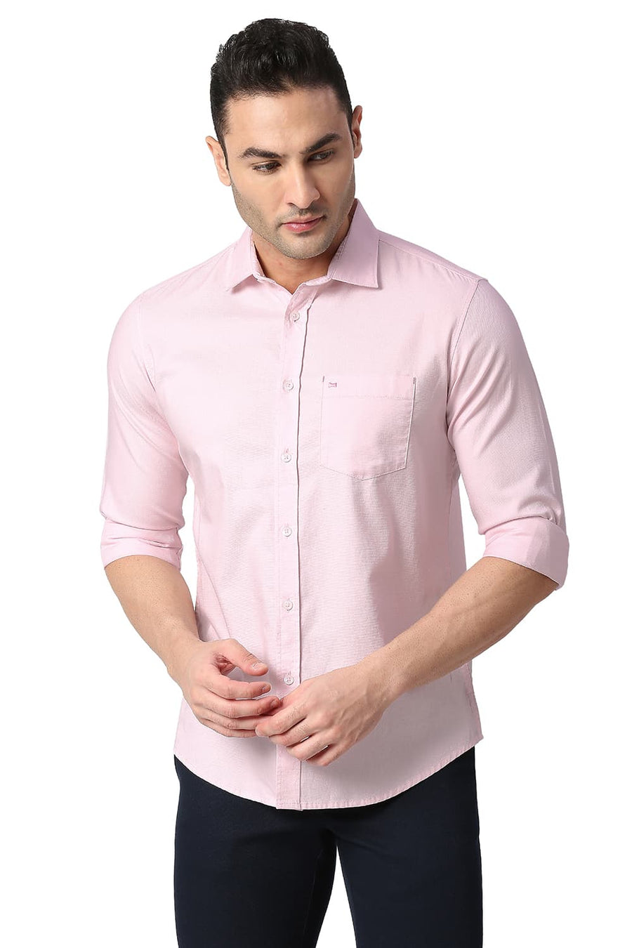 BASICS SLIM FIT BARELY PINK COTTON DOBBY SHIRT