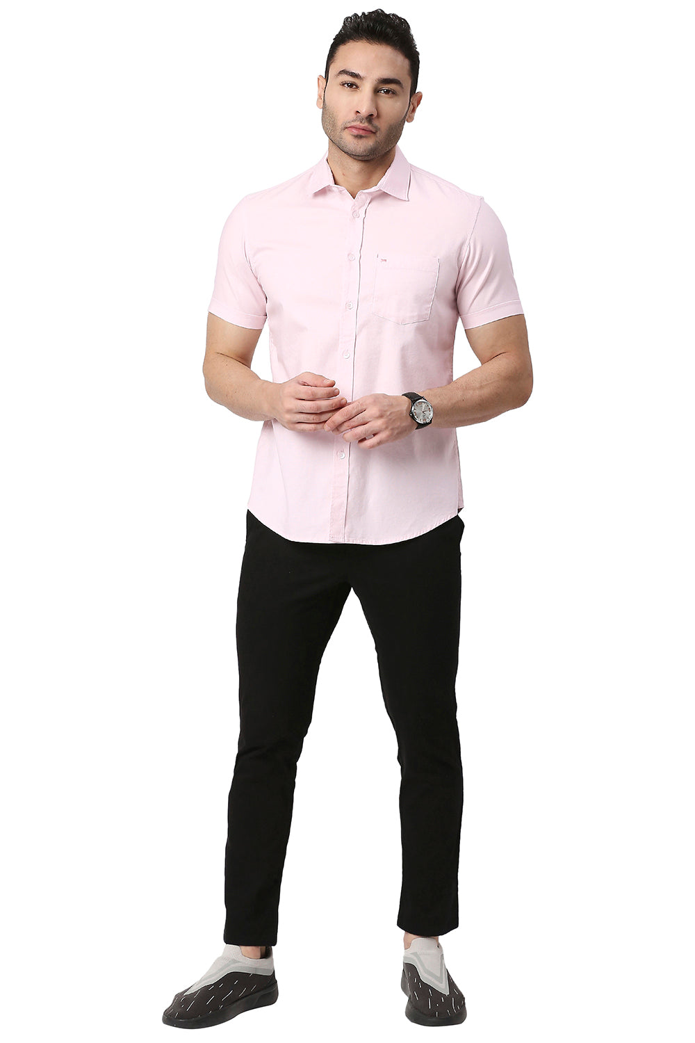 BASICS SLIM FIT COTTON DOBBY HALFSLEEVES SHIRT