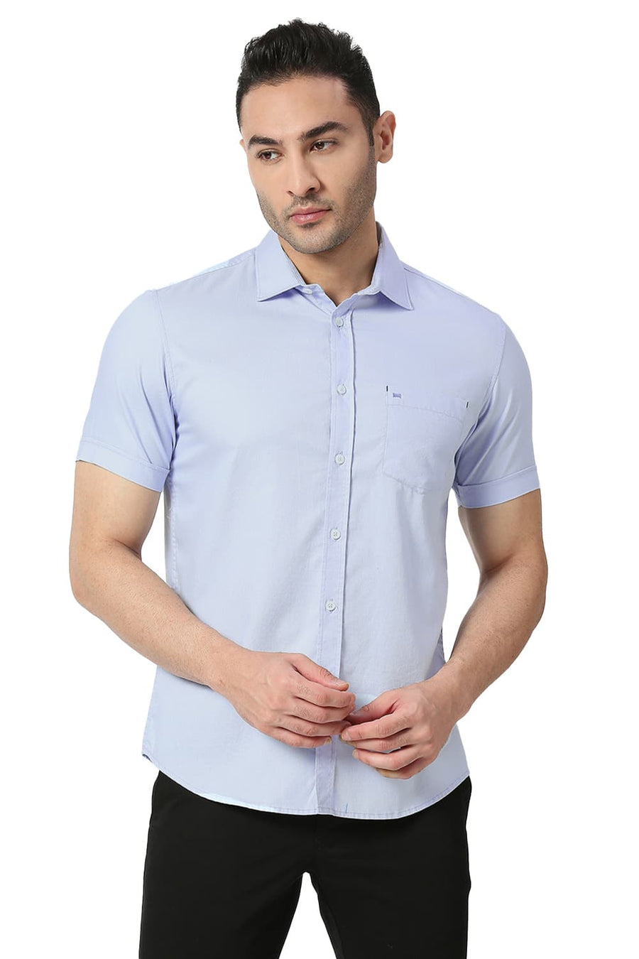BASICS SLIM FIT BLUE FOG COTTON DOBBY SHIRT