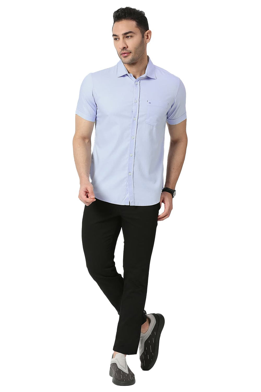 BASICS SLIM FIT BLUE FOG COTTON DOBBY SHIRT