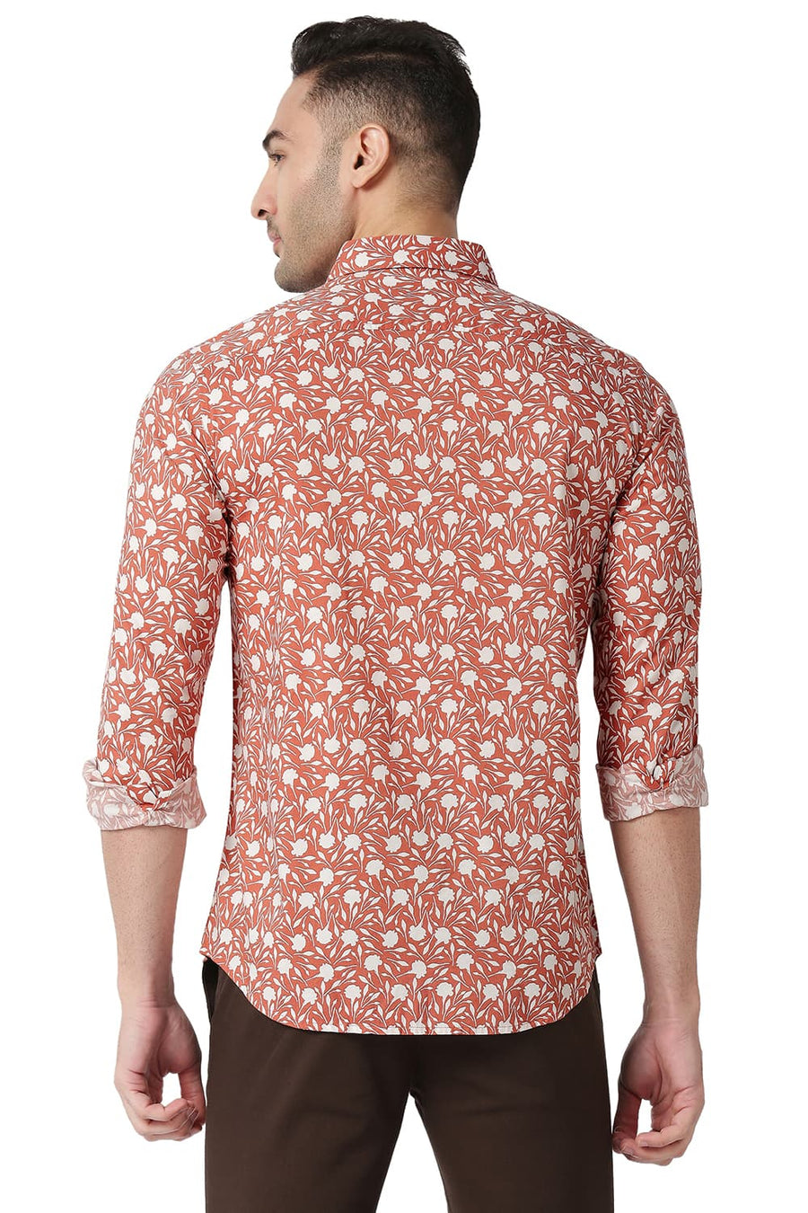 BASICS SLIM FIT SPICED BRICK COTTON VISCOSE PRINTED SHIRT