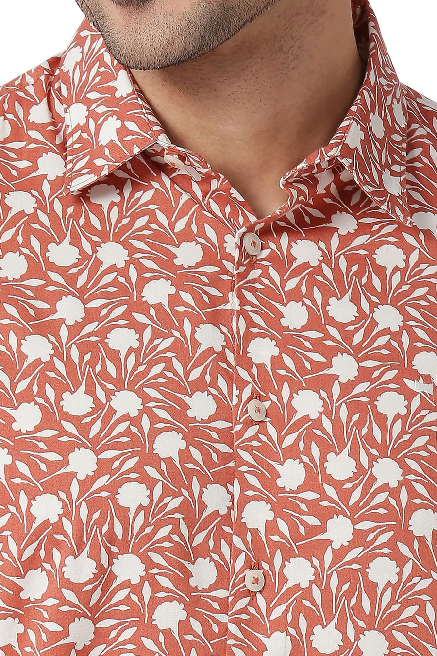 BASICS SLIM FIT SPICED BRICK COTTON VISCOSE PRINTED SHIRT