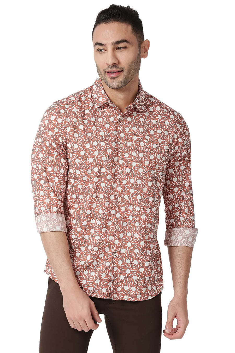 BASICS SLIM FIT SPICED BRICK COTTON VISCOSE PRINTED SHIRT