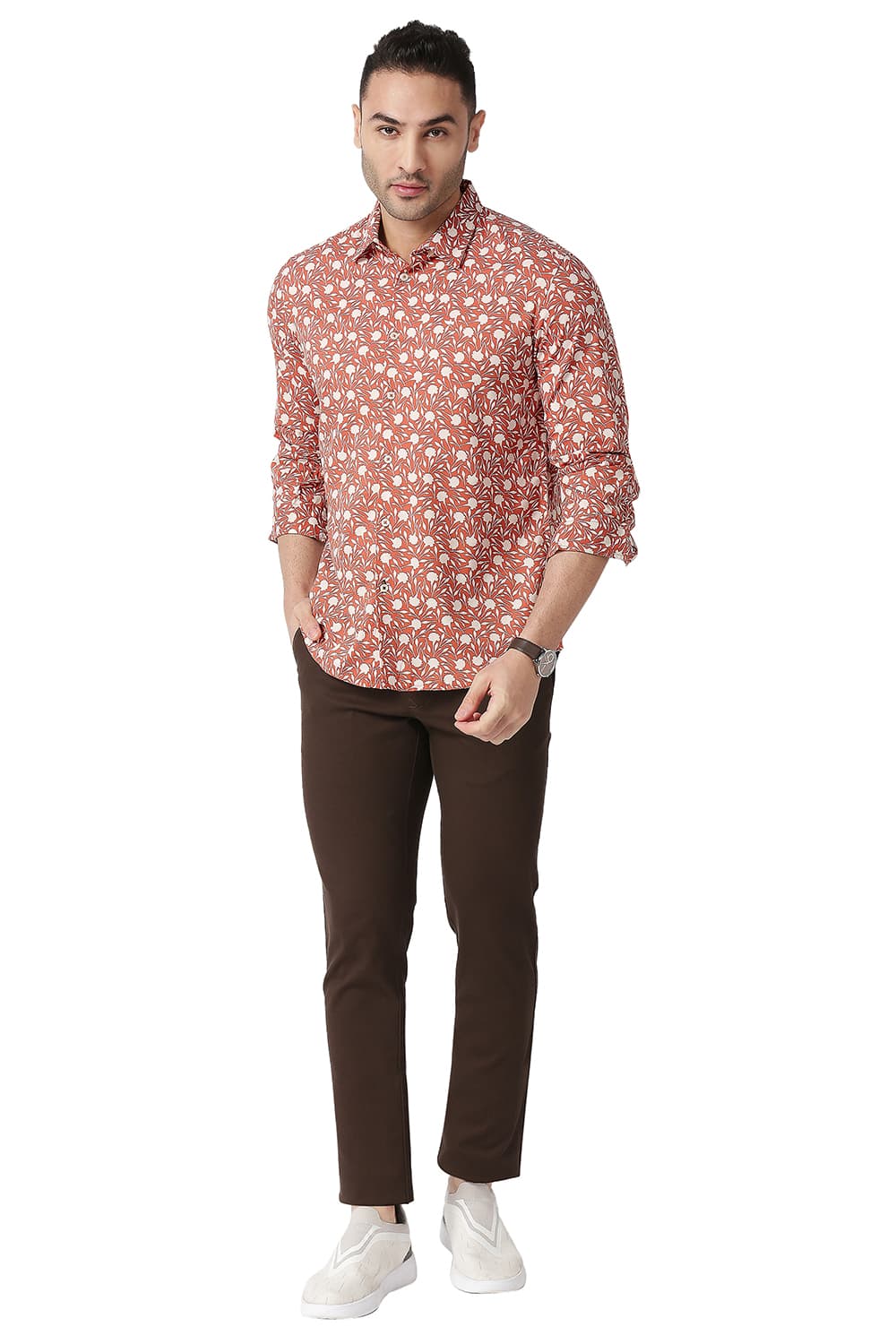 BASICS SLIM FIT COTTON VISCOSE PRINTED SHIRT