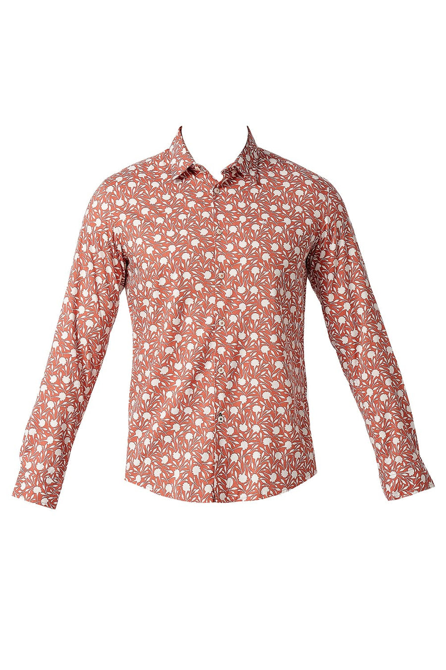 BASICS SLIM FIT SPICED BRICK COTTON VISCOSE PRINTED SHIRT