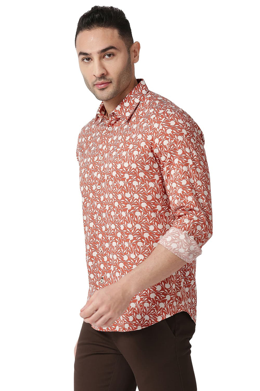 BASICS SLIM FIT SPICED BRICK COTTON VISCOSE PRINTED SHIRT