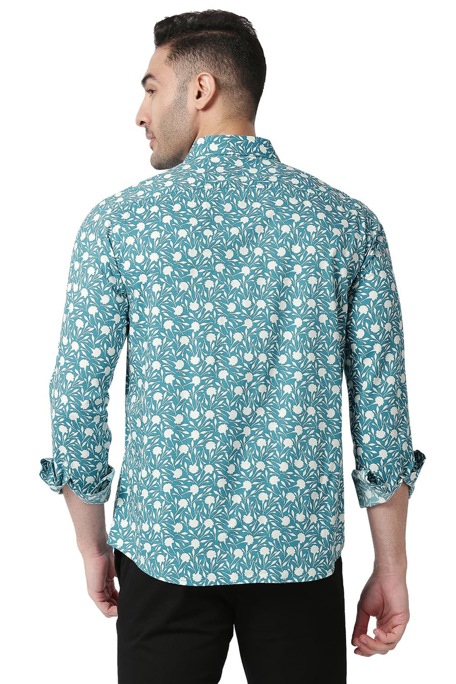 BASICS SLIM FIT DEEPLAKE TURQUOISE COTTON VISCOSE PRINTED SHIRT