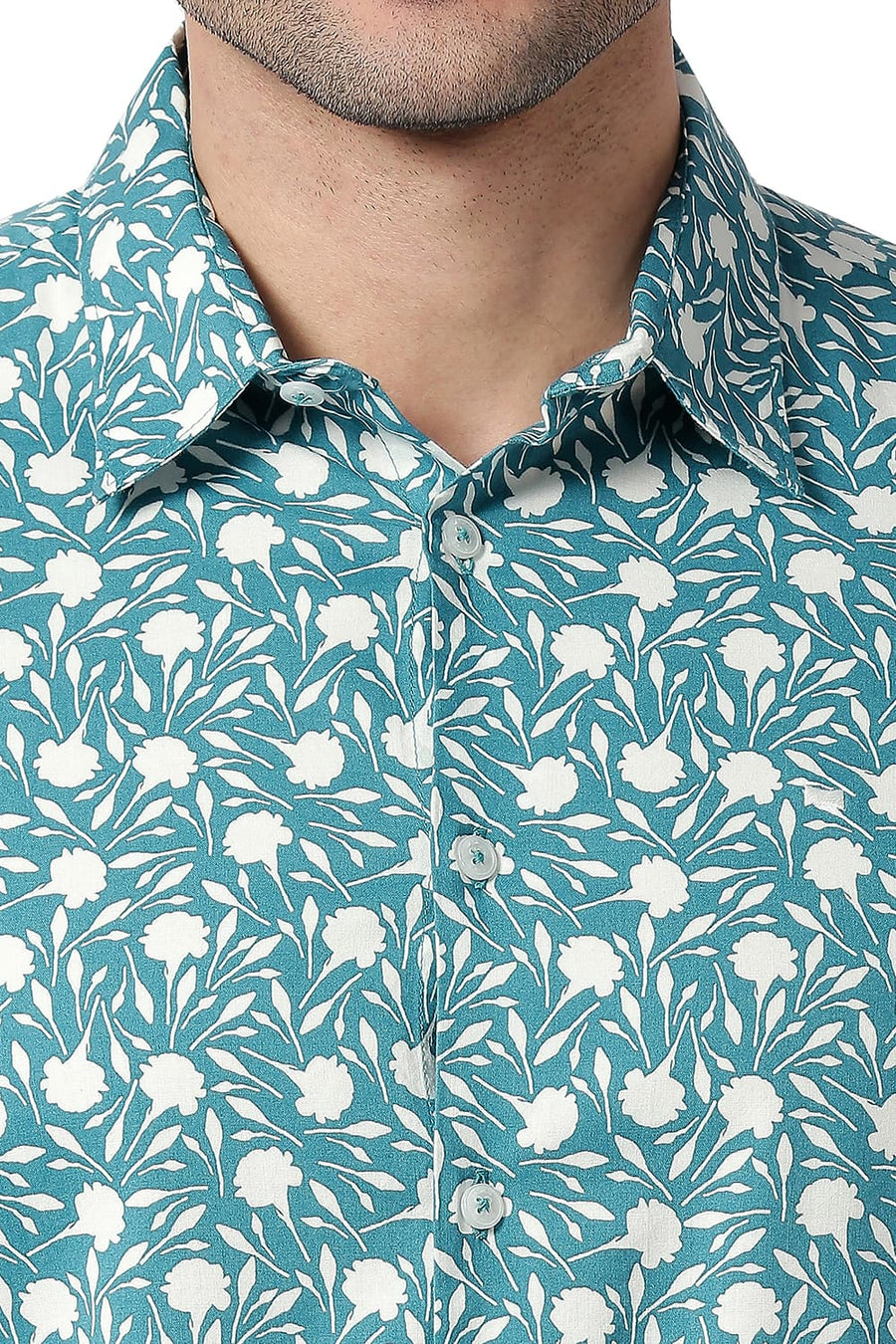 BASICS SLIM FIT DEEPLAKE TURQUOISE COTTON VISCOSE PRINTED SHIRT