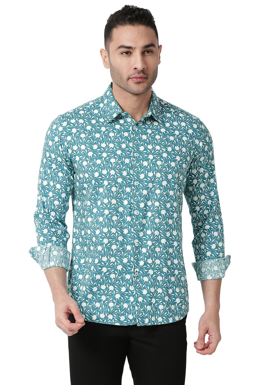 BASICS SLIM FIT DEEPLAKE TURQUOISE COTTON VISCOSE PRINTED SHIRT