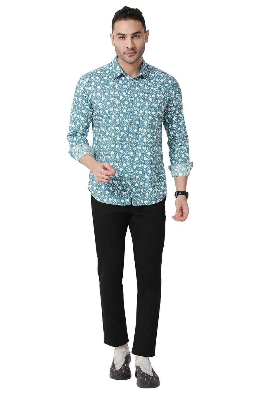 BASICS SLIM FIT DEEPLAKE TURQUOISE COTTON VISCOSE PRINTED SHIRT