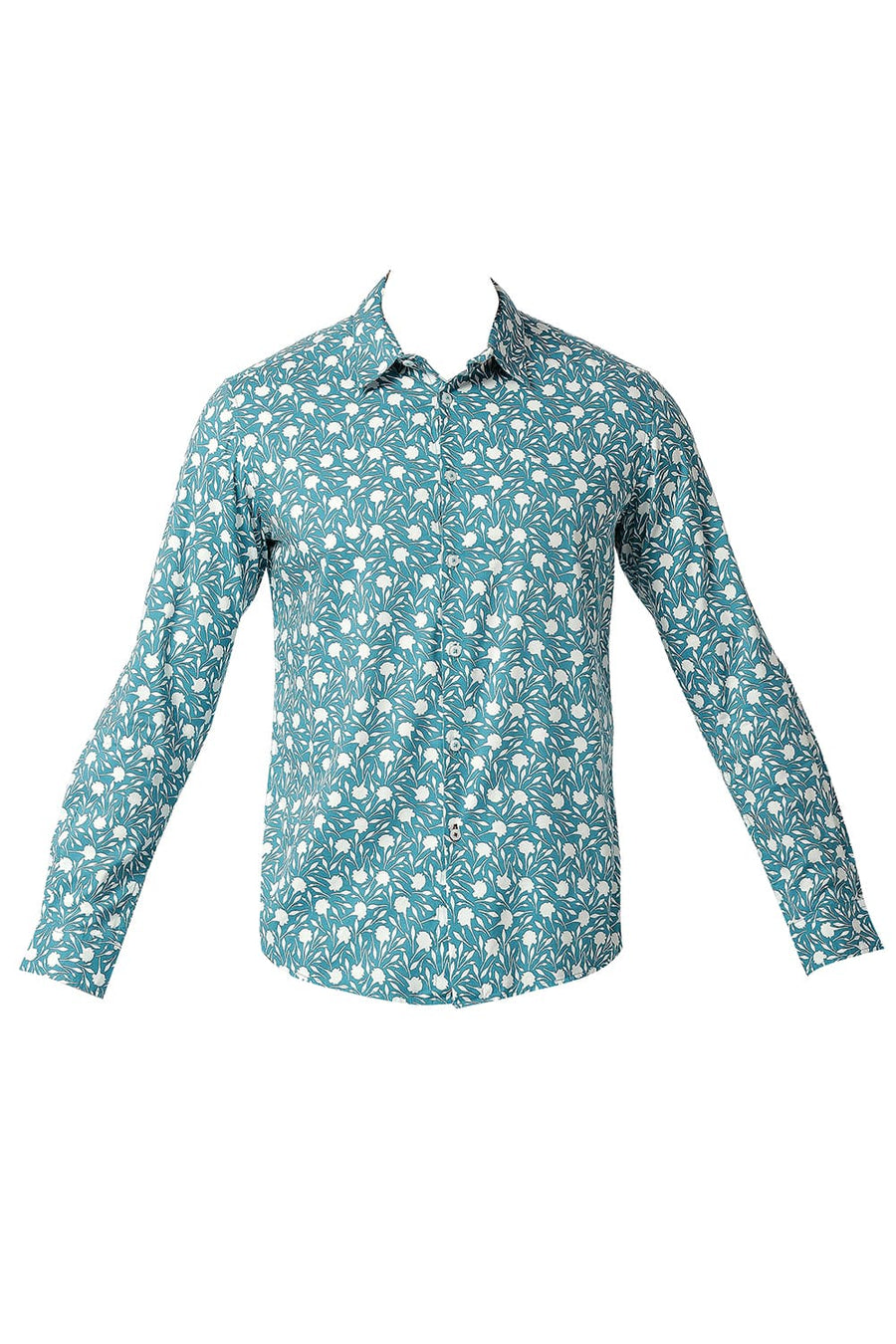 BASICS SLIM FIT DEEPLAKE TURQUOISE COTTON VISCOSE PRINTED SHIRT