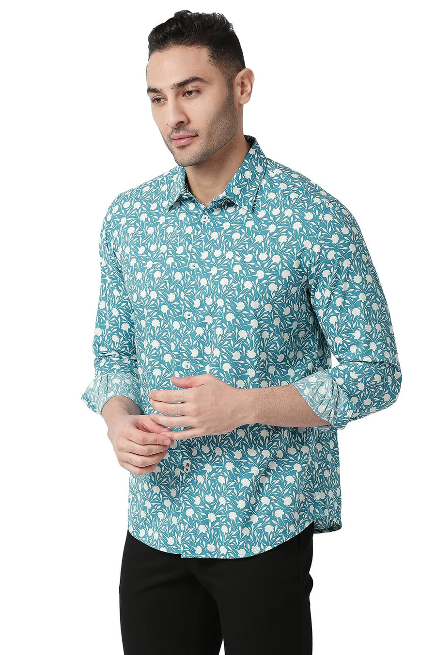 BASICS SLIM FIT DEEPLAKE TURQUOISE COTTON VISCOSE PRINTED SHIRT