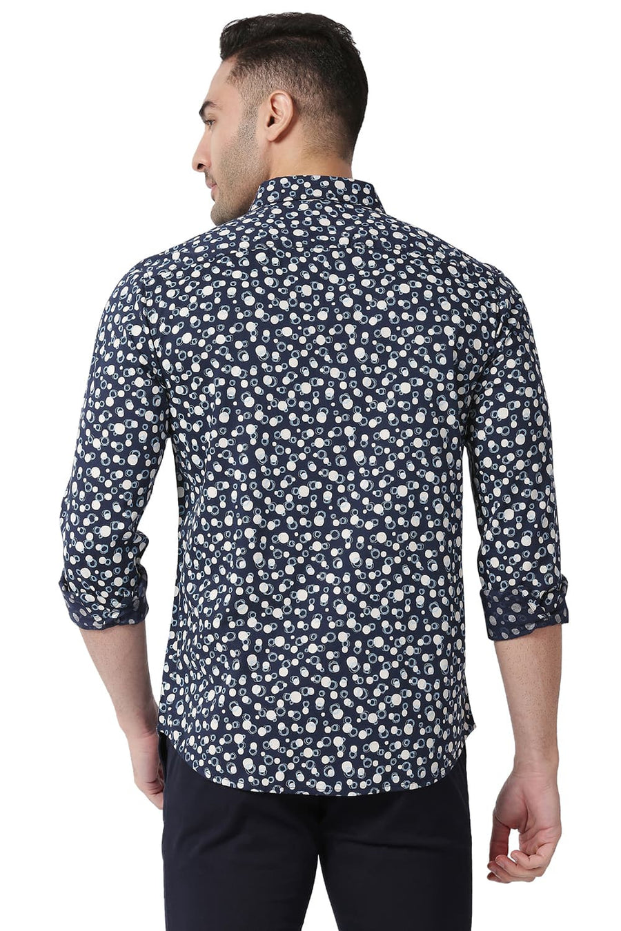 BASICS SLIM FIT TRUE NAVY COTTON VISCOSE PRINTED SHIRT