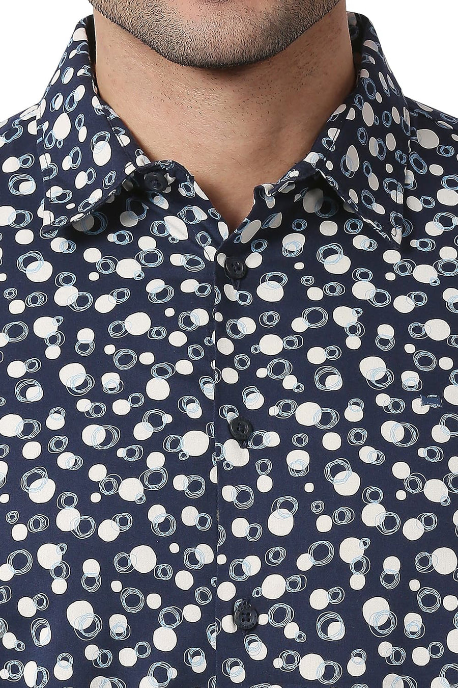 BASICS SLIM FIT TRUE NAVY COTTON VISCOSE PRINTED SHIRT