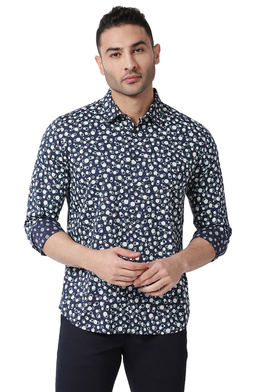 BASICS SLIM FIT TRUE NAVY COTTON VISCOSE PRINTED SHIRT