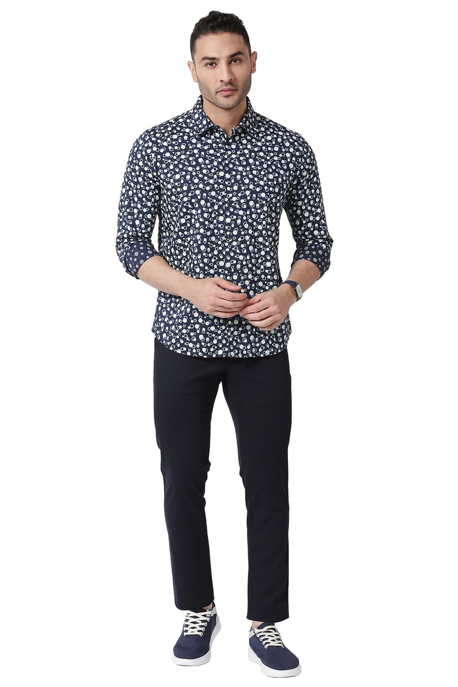 BASICS SLIM FIT TRUE NAVY COTTON VISCOSE PRINTED SHIRT