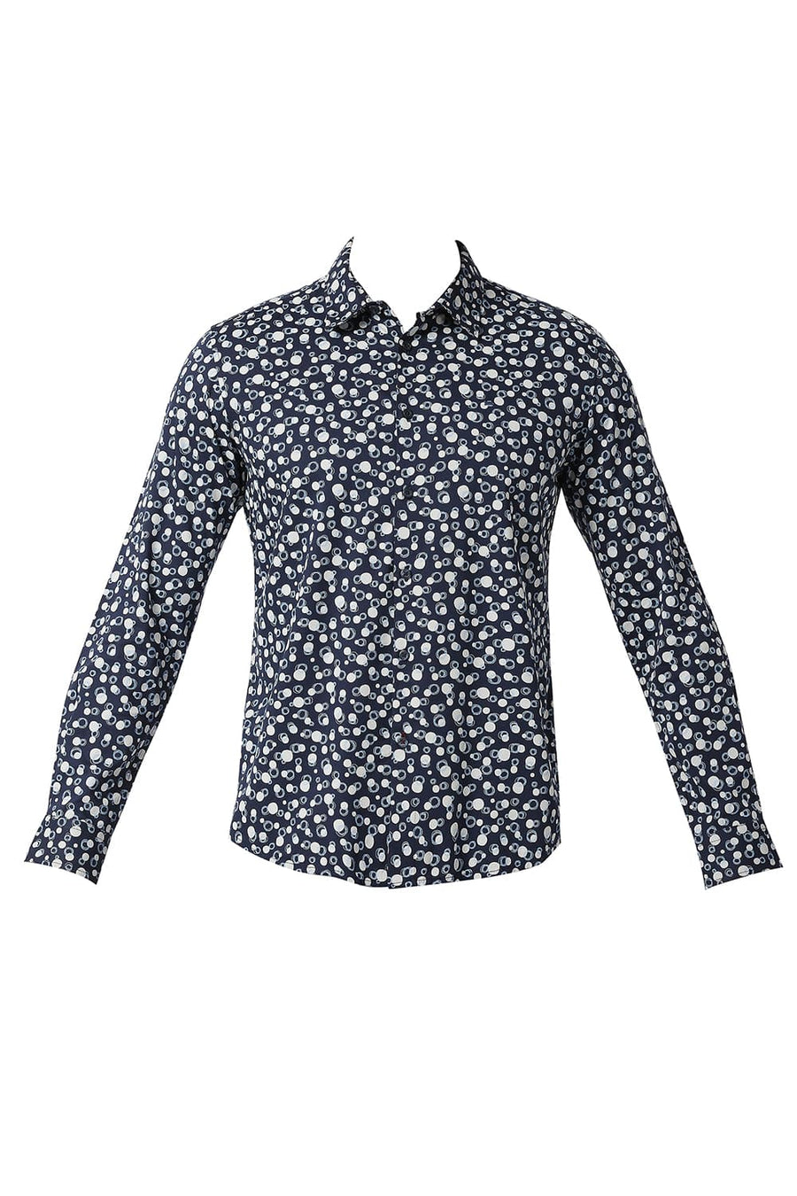 BASICS SLIM FIT TRUE NAVY COTTON VISCOSE PRINTED SHIRT