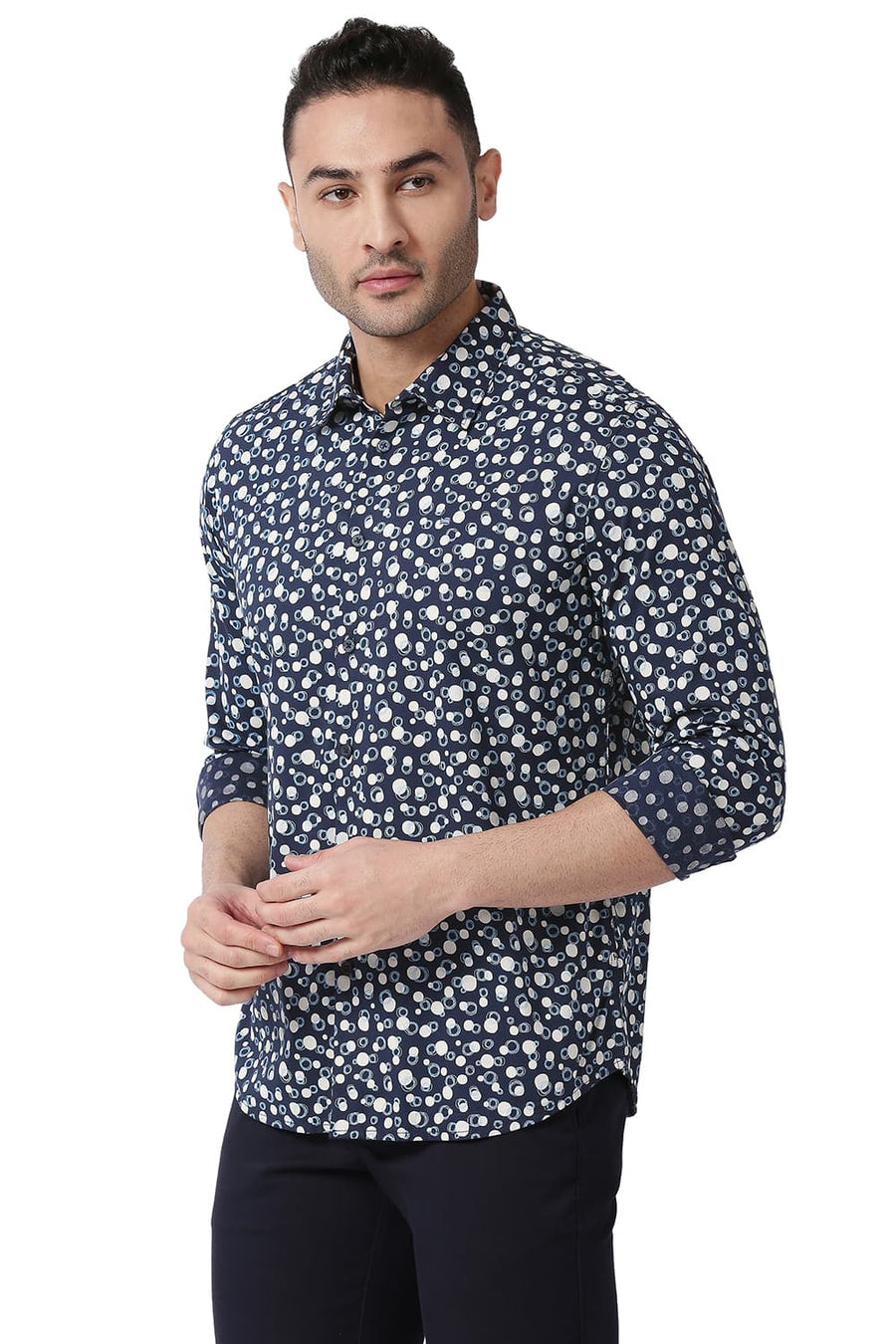BASICS SLIM FIT TRUE NAVY COTTON VISCOSE PRINTED SHIRT