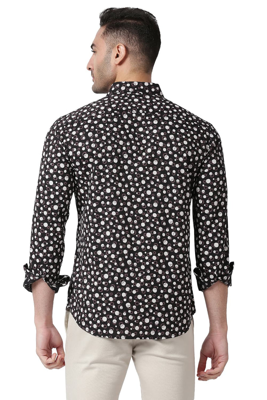 BASICS SLIM FIT CHARCOAL BLACK COTTON VISCOSE PRINTED SHIRT