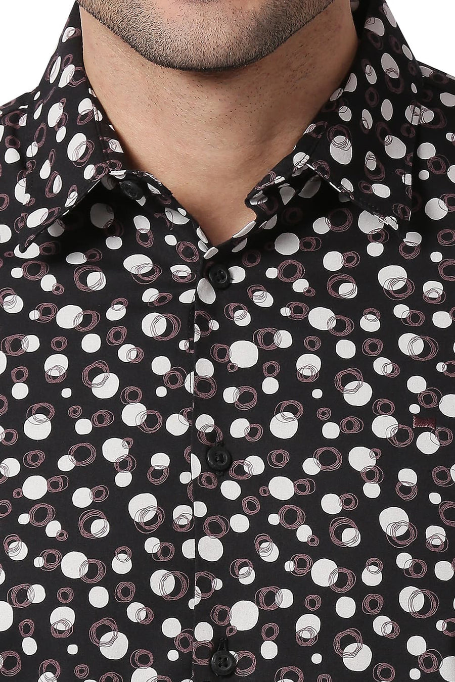 BASICS SLIM FIT CHARCOAL BLACK COTTON VISCOSE PRINTED SHIRT