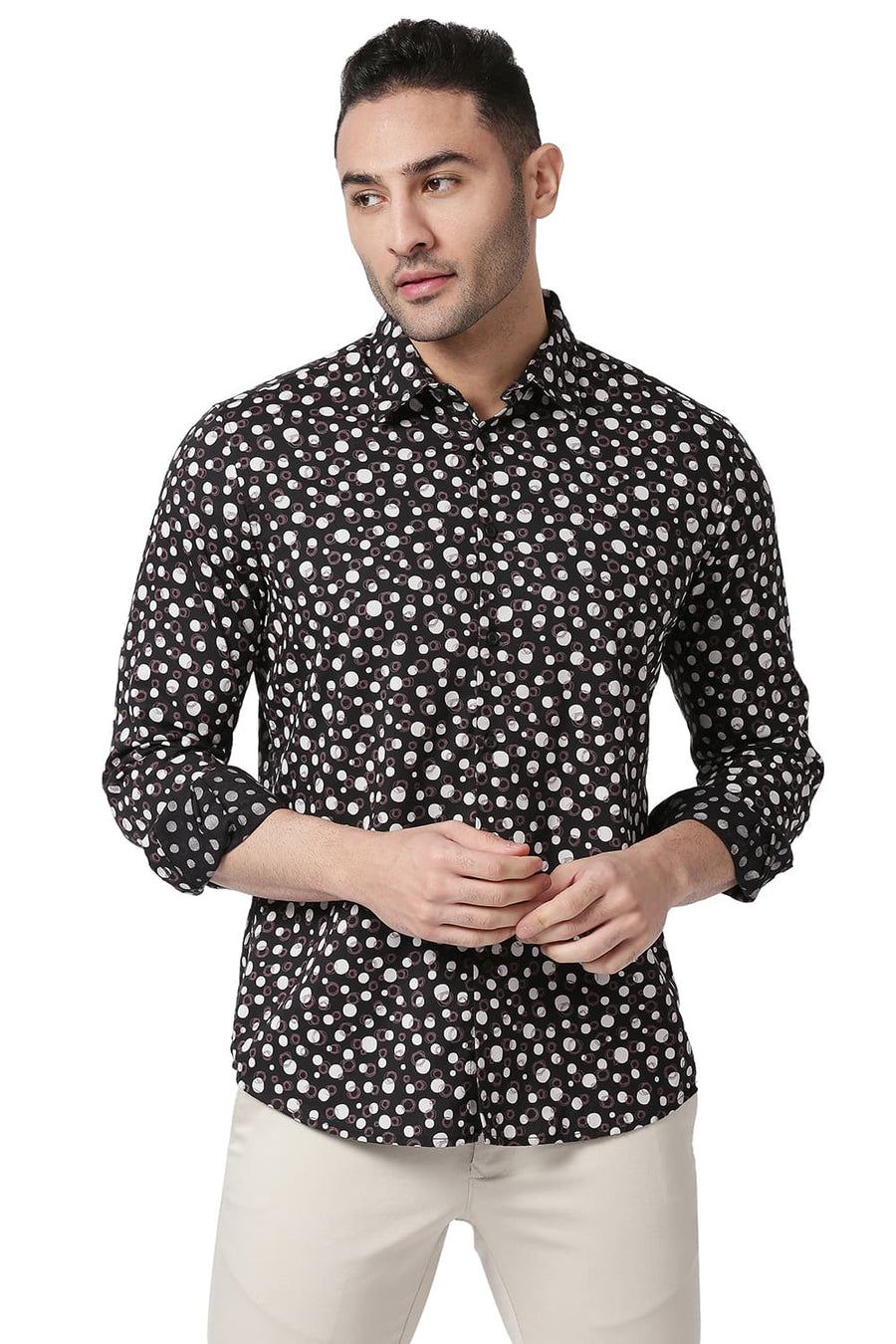 BASICS SLIM FIT CHARCOAL BLACK COTTON VISCOSE PRINTED SHIRT