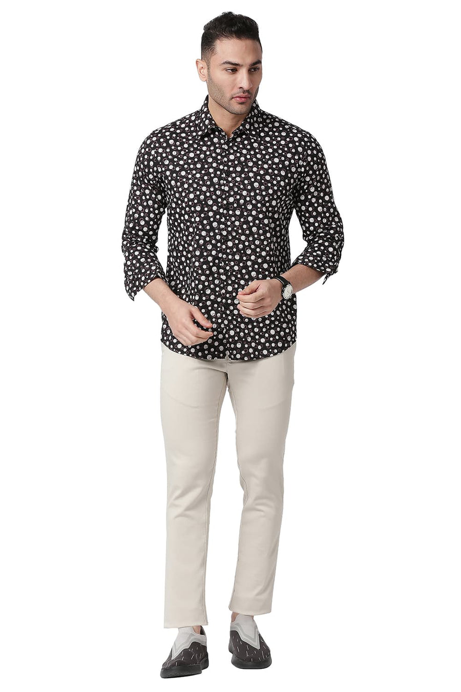 BASICS SLIM FIT CHARCOAL BLACK COTTON VISCOSE PRINTED SHIRT