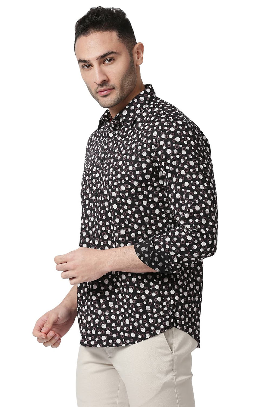 BASICS SLIM FIT CHARCOAL BLACK COTTON VISCOSE PRINTED SHIRT