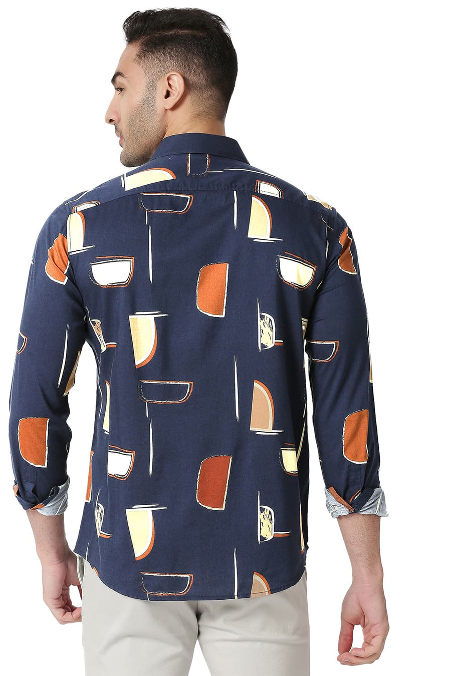 BASICS SLIM FIT TRUE NAVY COTTON VISCOSE PRINTED SHIRT