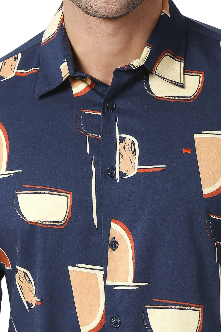BASICS SLIM FIT TRUE NAVY COTTON VISCOSE PRINTED SHIRT