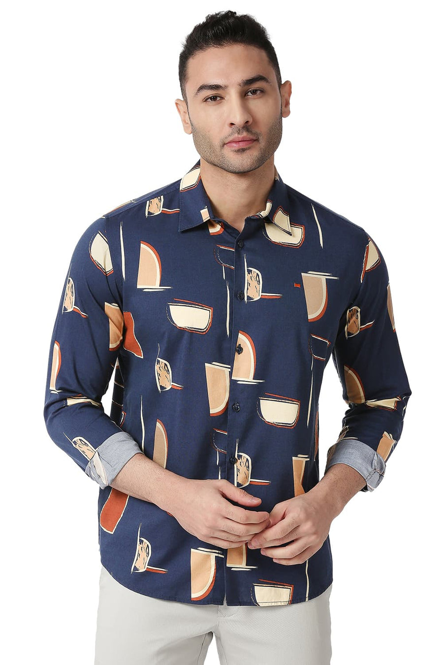 BASICS SLIM FIT TRUE NAVY COTTON VISCOSE PRINTED SHIRT