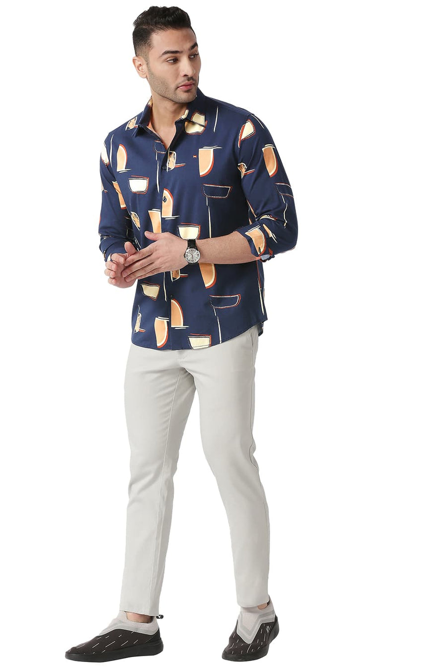 BASICS SLIM FIT TRUE NAVY COTTON VISCOSE PRINTED SHIRT