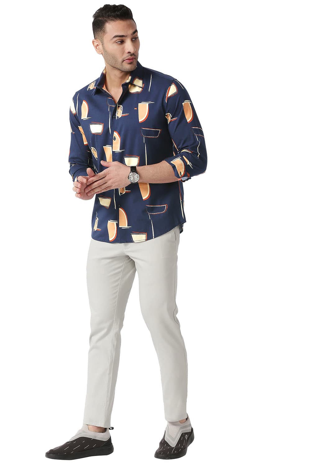 BASICS SLIM FIT COTTON VISCOSE PRINTED SHIRT