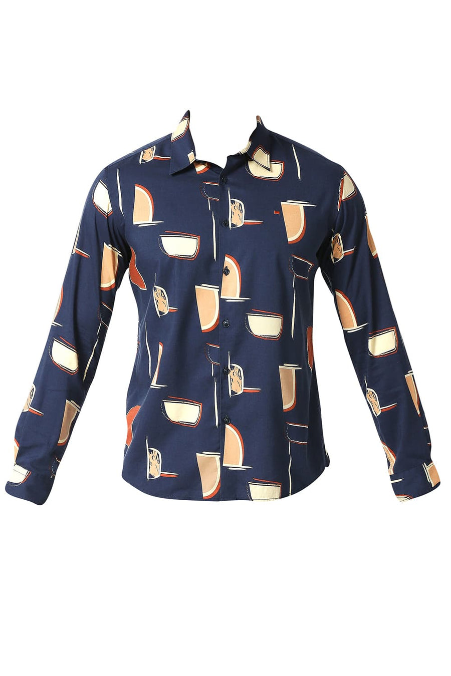 BASICS SLIM FIT TRUE NAVY COTTON VISCOSE PRINTED SHIRT