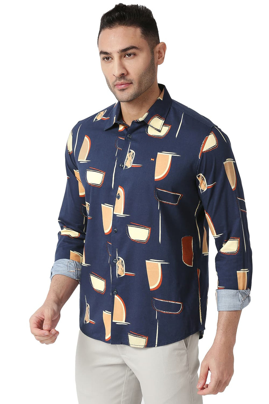BASICS SLIM FIT TRUE NAVY COTTON VISCOSE PRINTED SHIRT