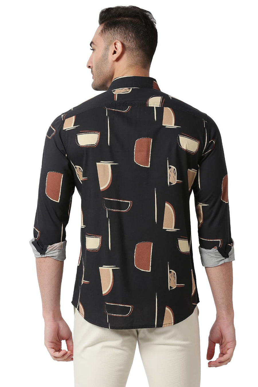 BASICS SLIM FIT CHARCOAL BLACK COTTON VISCOSE PRINTED SHIRT