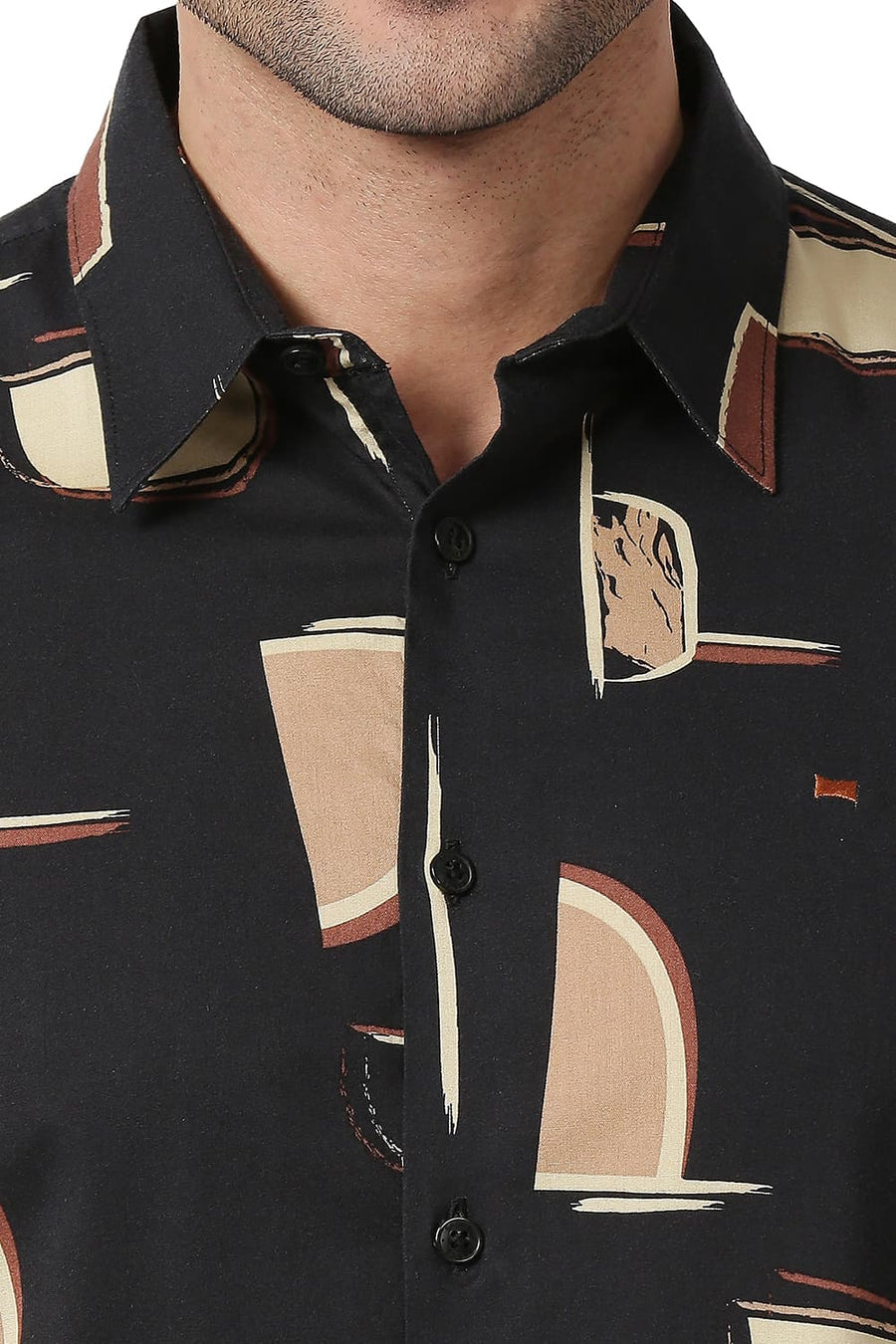 BASICS SLIM FIT CHARCOAL BLACK COTTON VISCOSE PRINTED SHIRT