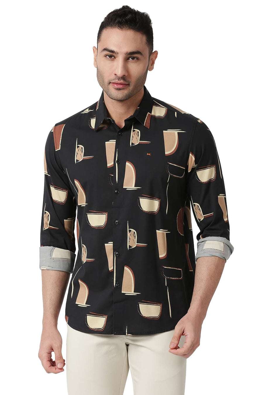 BASICS SLIM FIT CHARCOAL BLACK COTTON VISCOSE PRINTED SHIRT
