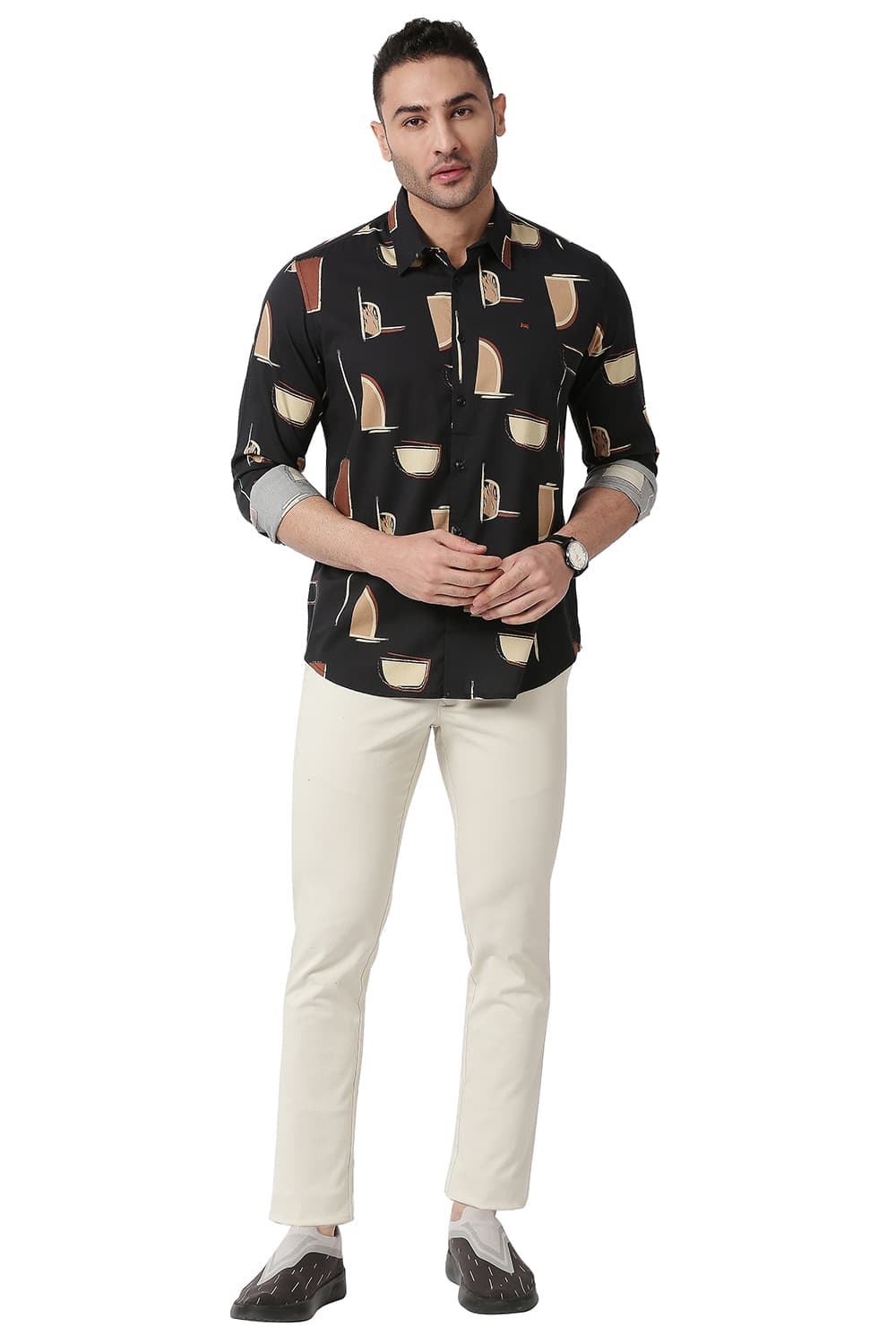 BASICS SLIM FIT COTTON VISCOSE PRINTED SHIRT