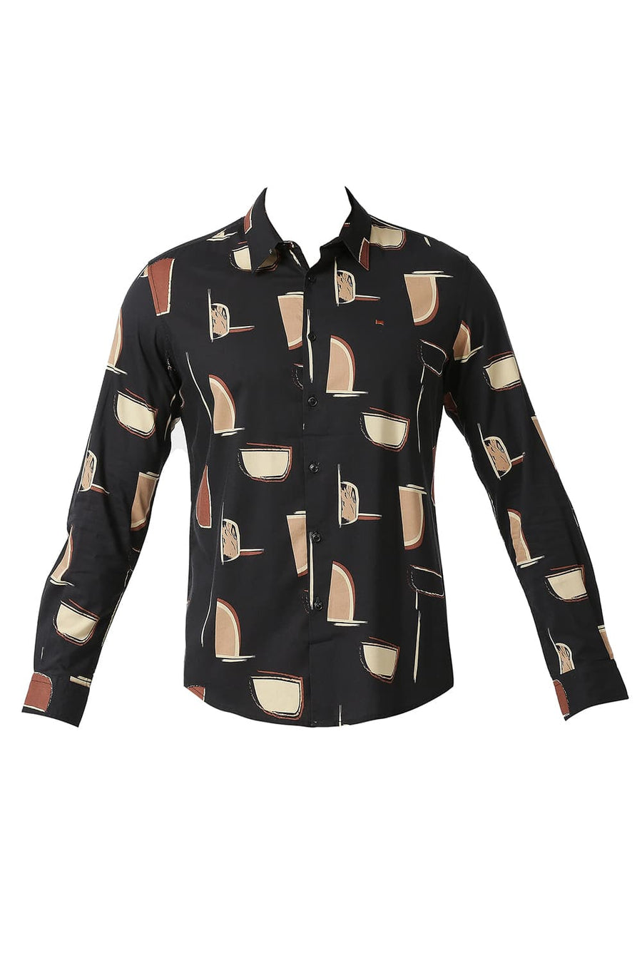 BASICS SLIM FIT CHARCOAL BLACK COTTON VISCOSE PRINTED SHIRT