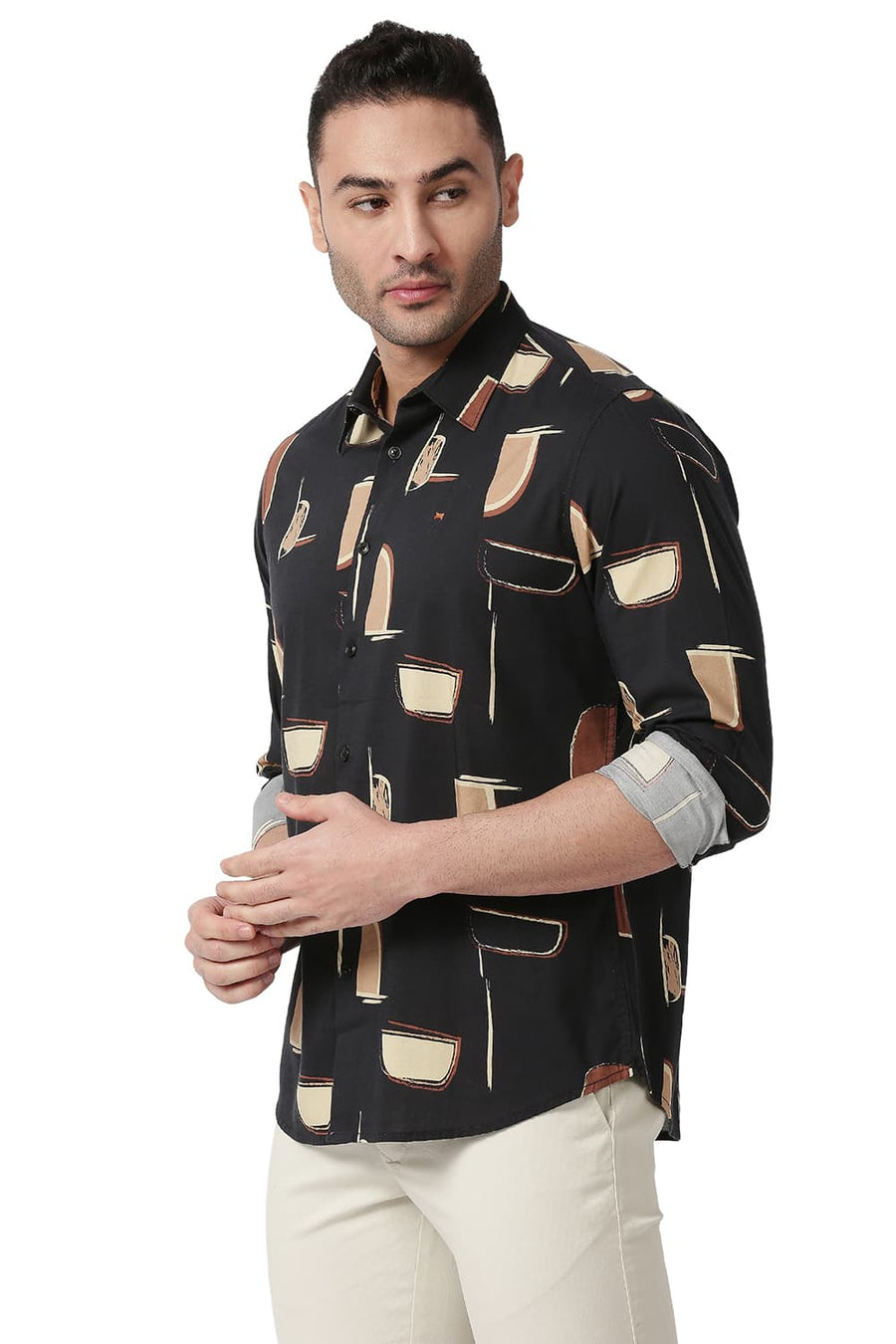BASICS SLIM FIT CHARCOAL BLACK COTTON VISCOSE PRINTED SHIRT